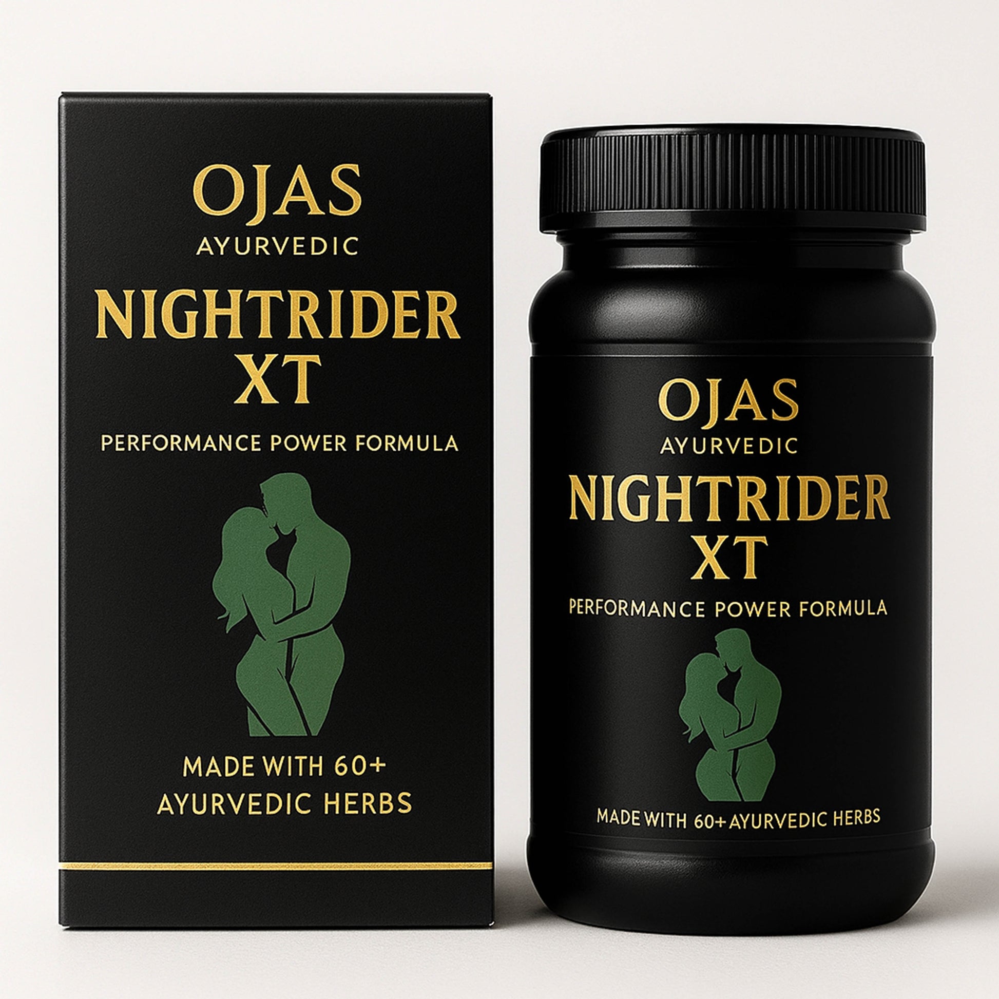 Ojas Ayurvedic Nightrider XT supplement bottle and packaging on a white background